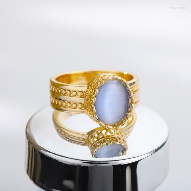 

Cluster Rings Bluestone Gold Color Opal Finger For Women 2022 Trend Fashion Aesthetic Jewelry Accessories Anillos MujerCluster