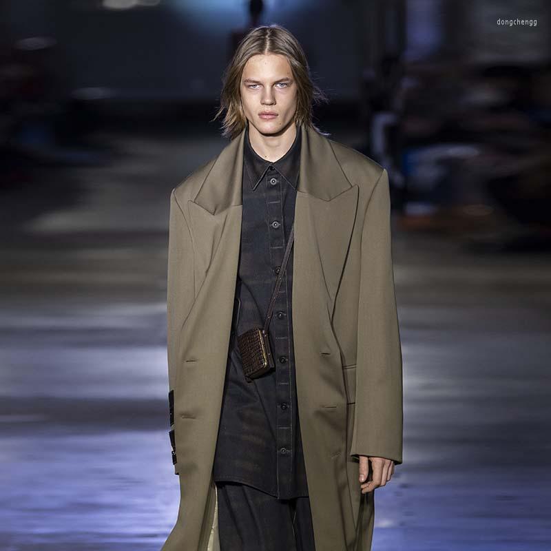 

Men' Trench Coats Men' Loose Military Green Windbreaker Fashion Solid Color Suit Collar Youth Double Breasted British Knee Casual Coat, Army green