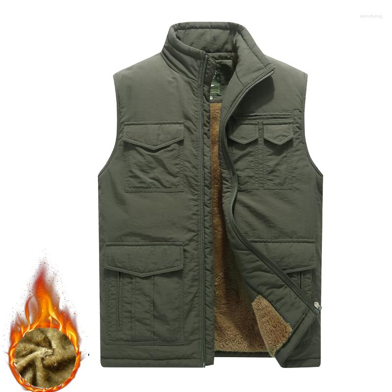 

Men's Vests Winter Men Fleece Warm Vest With Many Pockets Autumn Male Casual Thick Multi Waistcoat Pographer Sleeveless Jacket, Black
