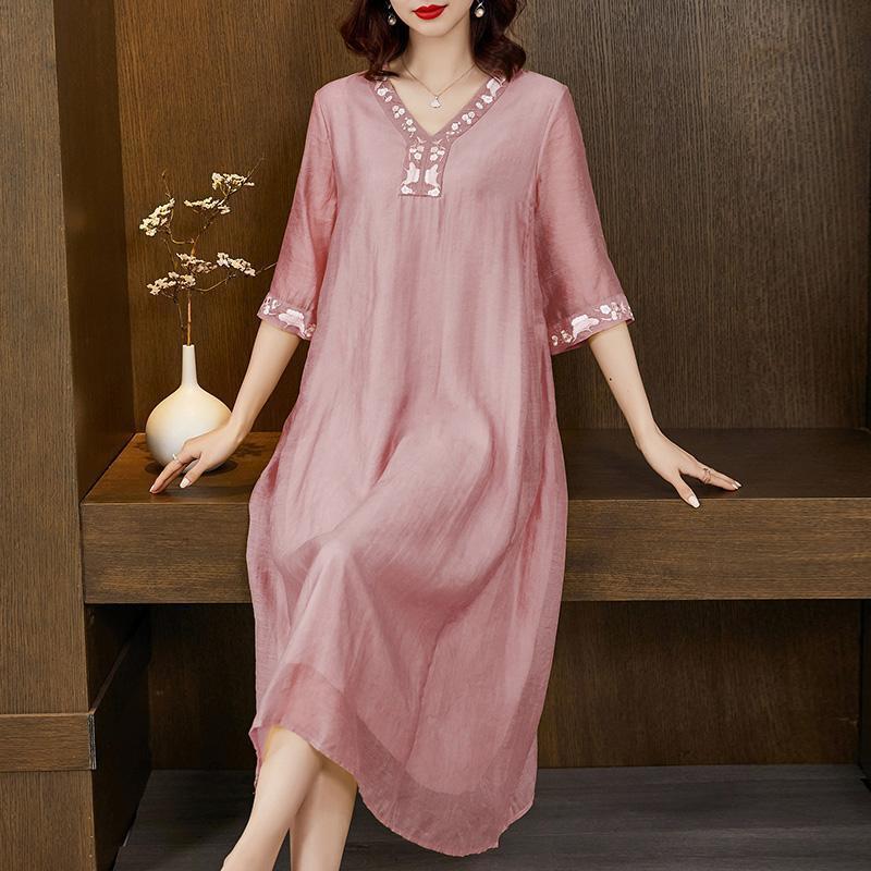 

Dresses High-end Temperament Summer Loose Dress Fashion Elegant Embroidery Floral Women Half Sleeve Long Dresses AD2029, Pink