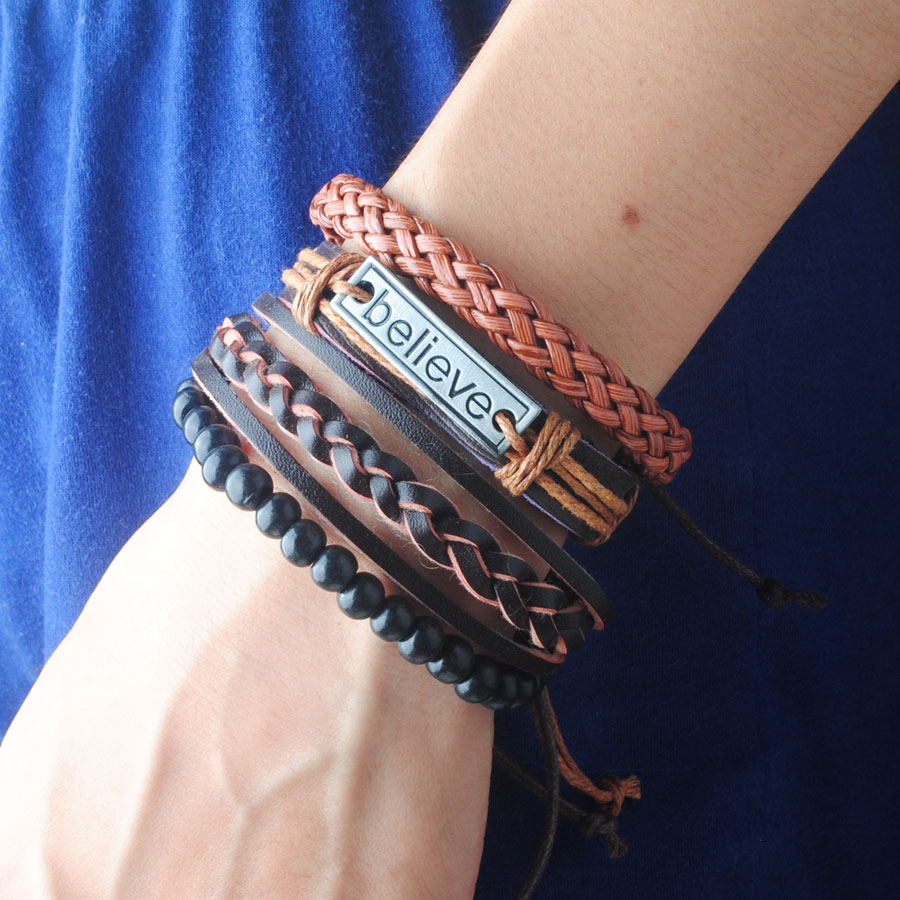 

4Pcs/ Set Fashion Leather Bracelets Men Popular Boys DIY Bandage Wood Beads Handmade Brown Weave Bangle BC022