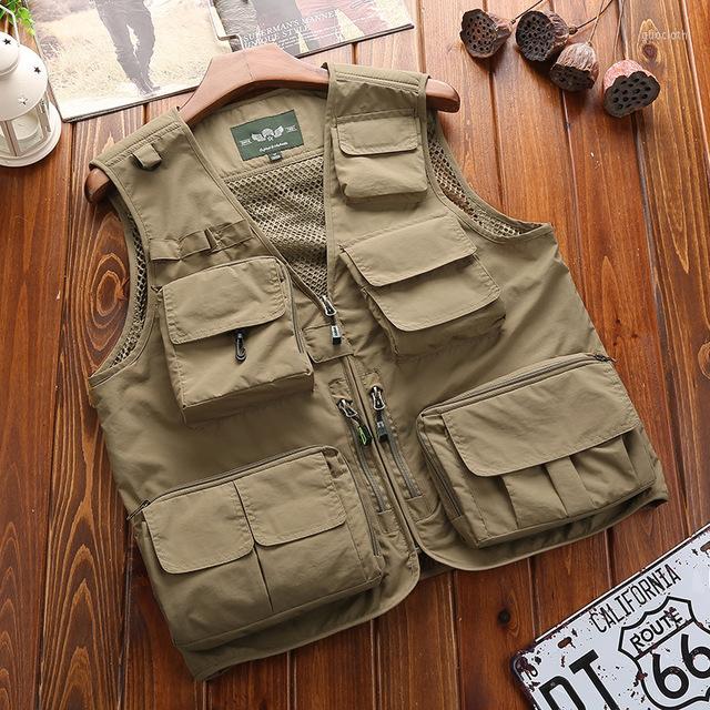

Men's Vests Brand Vest Men Multi Pockets Thin Summer Mesh Sleeveless Jacket Waistcoat Journalist Pography, Army green