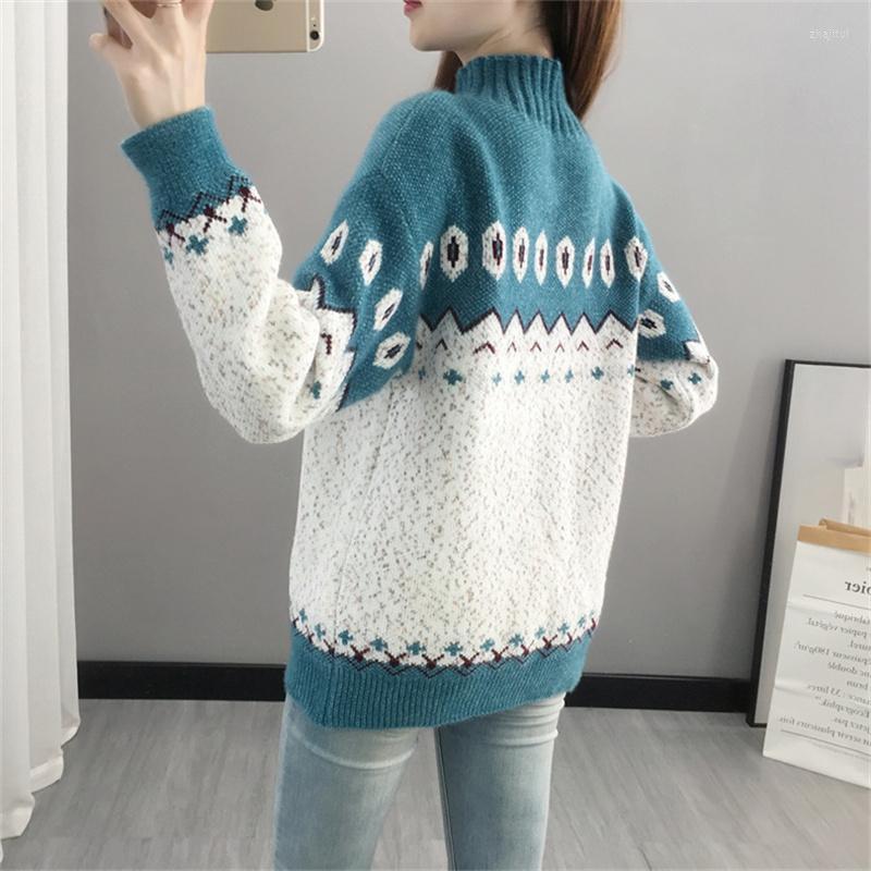 

Women's Sweaters Women's Fashion Korean Patchwork Half High Collar Mink Cashmere Sweater Women Short Pullover Winter Thick Warm Long, 02