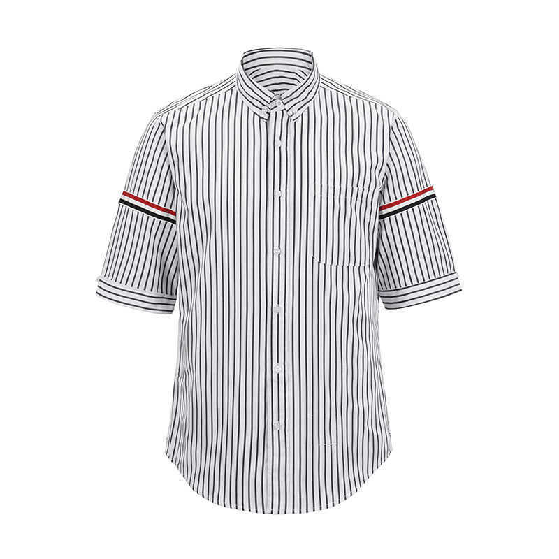 

New Tb Thom Shirt Striped Armband Fashion Brand Men Clothing Slim Casual Poplin Cotton Short Sleeve Korean Oversized Shirts, White