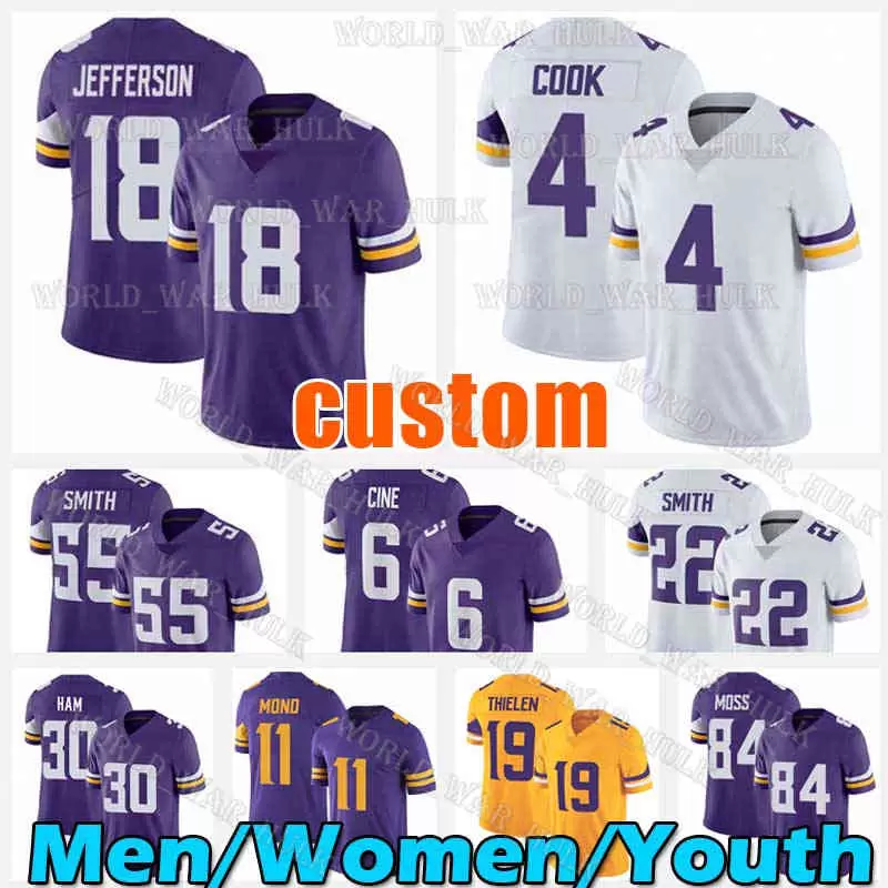 

18 Justin Jefferson Football Jersey Za'Darius Smith Vikings''Dalvin Cook CJ Ham Adam Thielen Randy Moss Harrison Danielle Hunter Kirk Cousin, Custom men(w j)