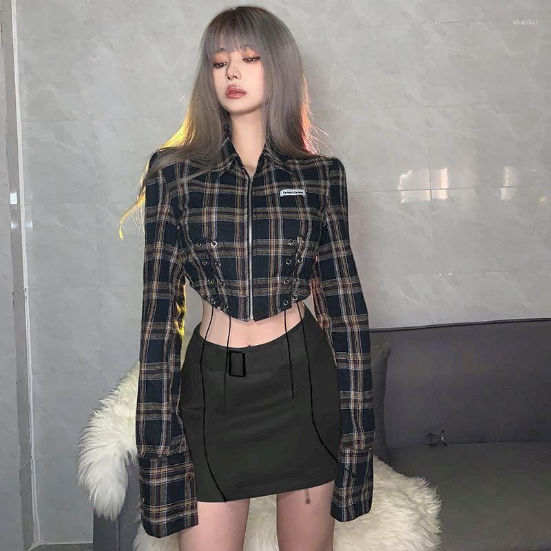 

Women' Jackets Women' Sexy Shirts Blouse Zipper Cardigan Y2k Long Sleeves Cropped Top Jacket Plaid Drawstring Skinny Collar Korean, Black