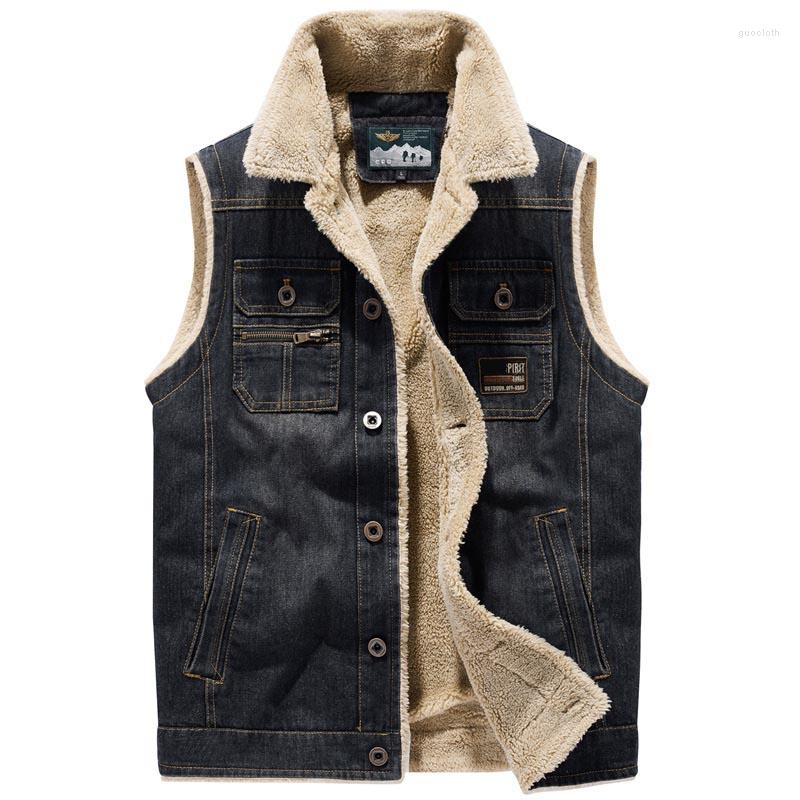 

Men's Vests Mcikkny Men Winter Warm Denim Vest Fleece Lined Thermal Jeans Waistcoats For Male Sleeves Jackets Multi Pockets, Black