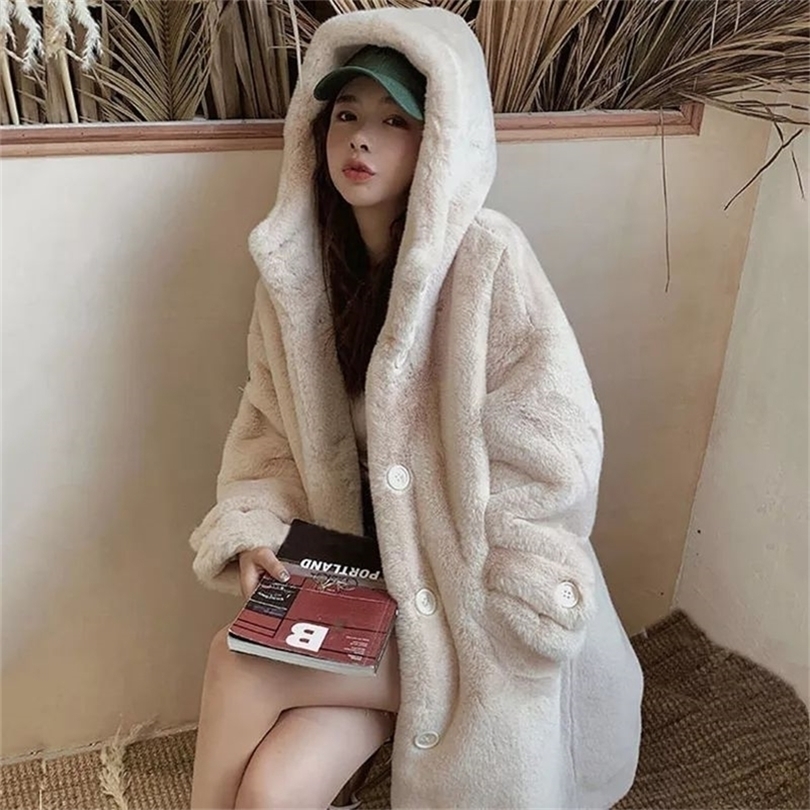 

Womens Fur Faux Winter Women Rabbit Coat Loose Long Large size Hooded Over Thick Warm Female Plush  220930, Pink
