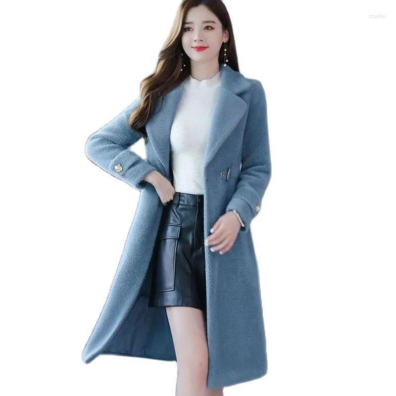

Women's Wool Women's & Blends Imitate Water Mink Velvet Woolen Ladies Jacket 2022 Winter Loose Show Thin Mid-Length Thicken Overcoat, Black