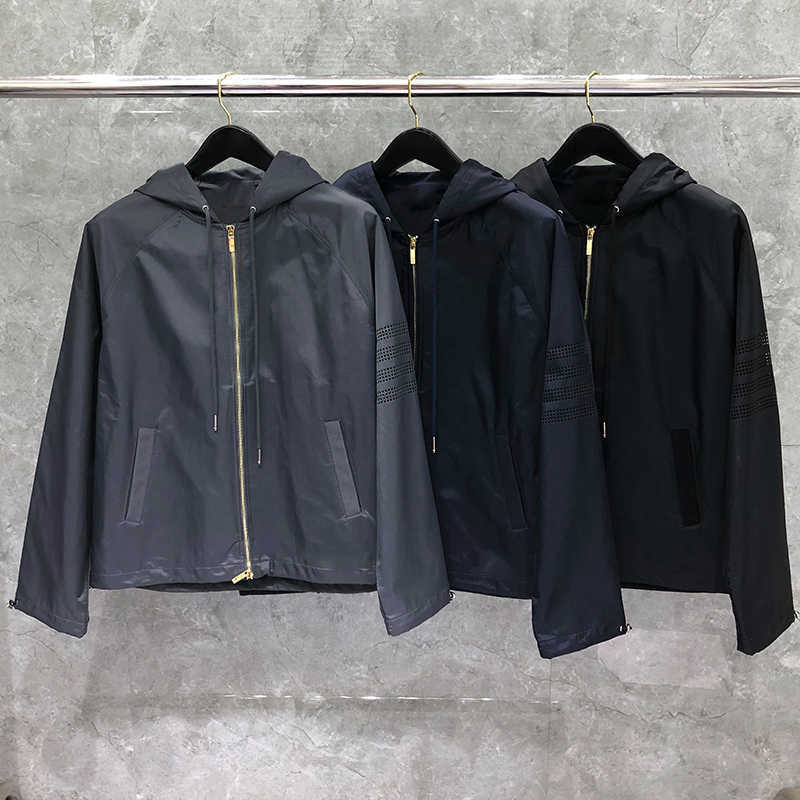 

New Tb Thom Coats Autunm Winter Jacket Slim Cardigans Clothing Hollow Out Sports Baseball Uniform Hooded Jackets, Gray