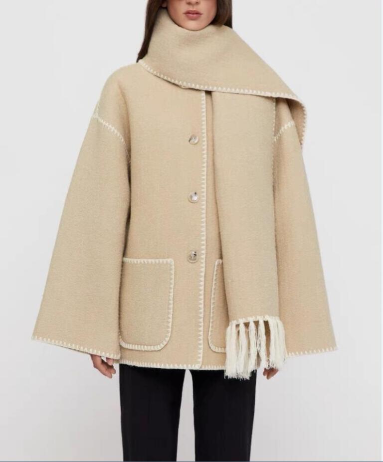 

22 fw Women's Outerwear & Coats toteme single breasted fringed scarf overcoat Camel All Black, Black and beige tassels