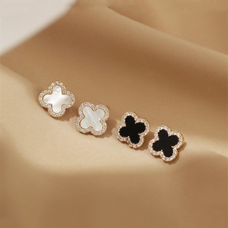 

925 Silver Pin Needle Leaf Studs Earrings for Women Girls Fashion Luxury Rhinestone Flower Jewelry Black Green White Red Four Leaves Ear Charm Earring Accessories