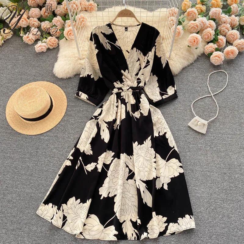 

Dresses French Style Printing Vintage Dress Summer Fashion Elegant V-Neck Slim Waist Long Prom Dresses Women Chic Birthday Dress, 10