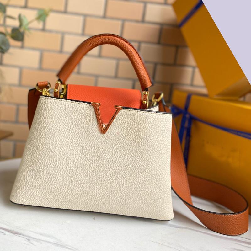

2022 Women Handbag Shoulder Crossbody Bags Grained Genuine Leather Colorblock Tote Bag Removable Wide Strap Classic Letter Snap Hook Capucine Handbags, 27*18*9cm