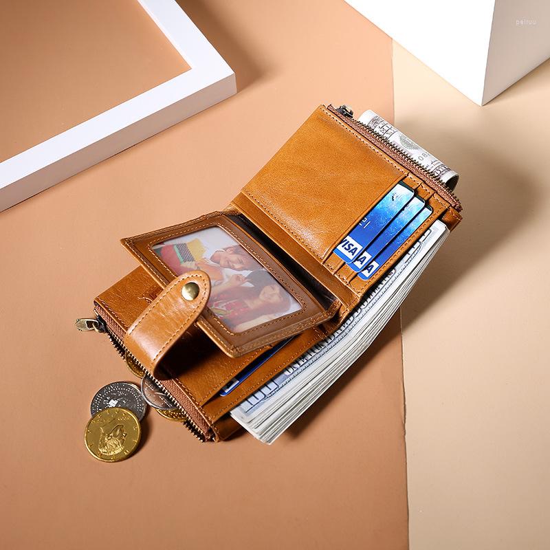 

Wallets Oil Wax Genuine Leather Purse Men Double Zipper Small Multi Slots Business Card Holder Anti-theft Men's Wallet, Brown