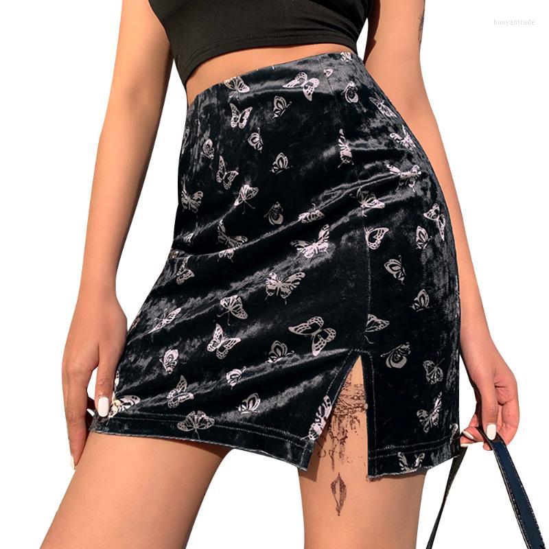 

Skirts Women Clothes Basic Stretchy Pencil Skirt Butterflies Pattern Slim Split High Waist Short Wild Fashion Woman