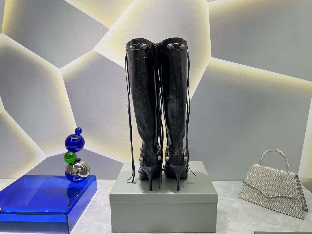 

Boots Cagole lambskin leather knee-high boots stud buckle embellished side zip shoes pointed Toe stiletto heel tall boot luxury designers shoe for, Black