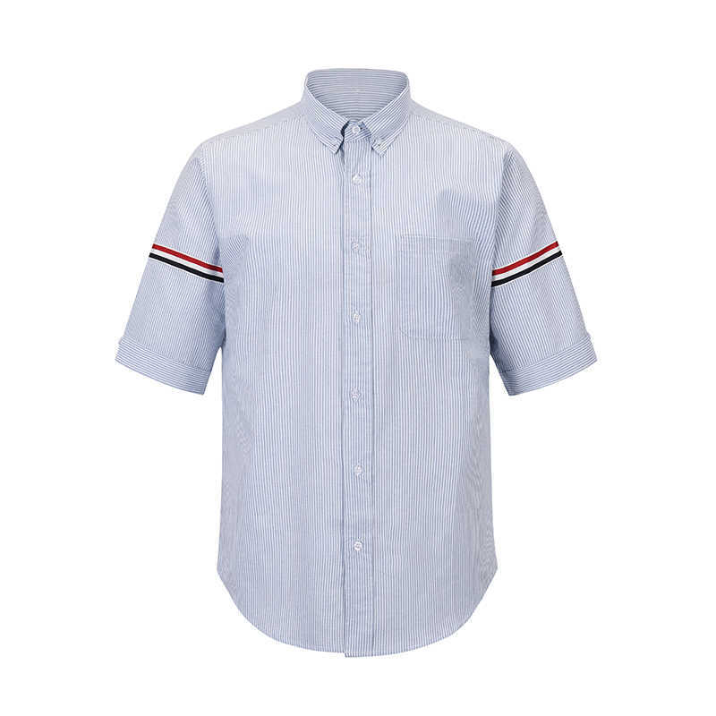 

New Tb Thom Shirt Blue Striped Armband Clothing Summer Casual Oxford Slim Short Sleeve Korean Fashion High Quality Tops