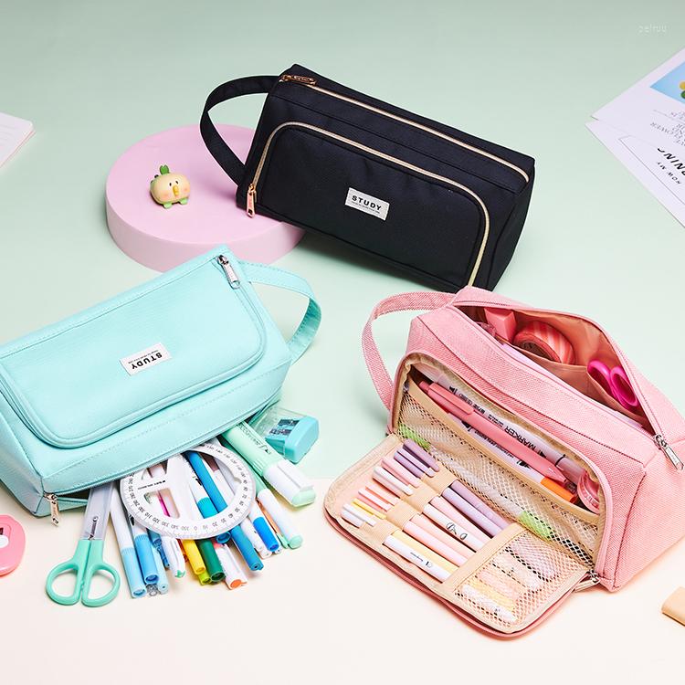 

Cosmetic Bags 2022 Fashion School Pencil Case For Children Womens Makeup Canvas Organizer Pink Blue Gray Black Green