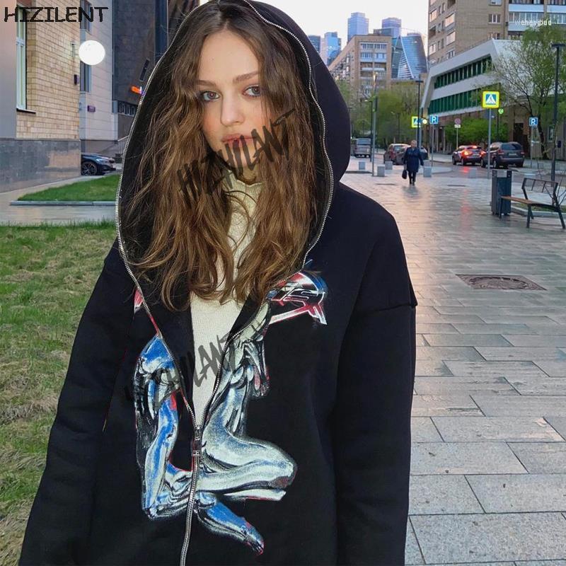 

Women's Jackets Women's 90s Vintage Anime Y2K Print Oversized Hoodies Female Sweatshirt Zip Up Long Sleeve Jacket Harajuku Kawaii, Black