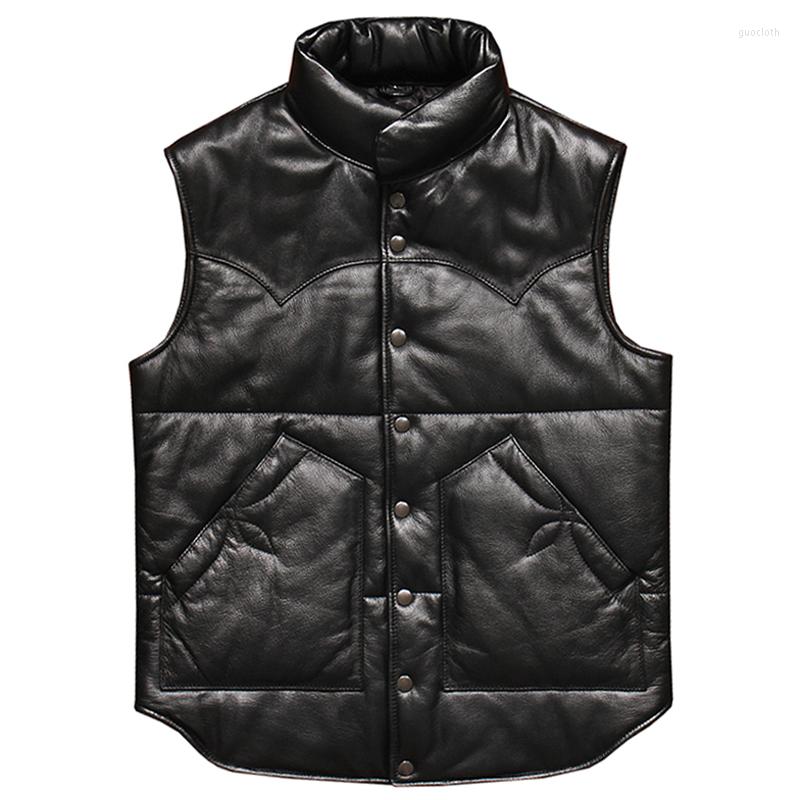 

Men's Vests Cotton Padded Warm Mens Waistcoat Vest Coat Cowhide Genuine Leather Sheepskin Weskit For Man European Outwear Jacket 3XL, Black sheepskin