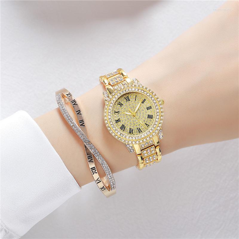 

Wristwatches Women Luxury Golden Stainless Steel Watch 2022 Fashion Rhinestone Quartz Ladies Casual Dress Wristwatch Famale ClockWristwatche
