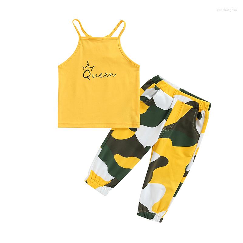 

Clothing Sets Toddler Kids Girls 2 Pieces Outfit Sleeveless Letter Print Sling Tank Tops Camouflage Trousers Summer Set