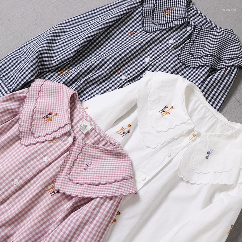 

Women's Blouses Japan Style Mori Girl Double Collar Cotton Shirt Loose Plaid Long Sleeve Blouse Women Autumn, Blue