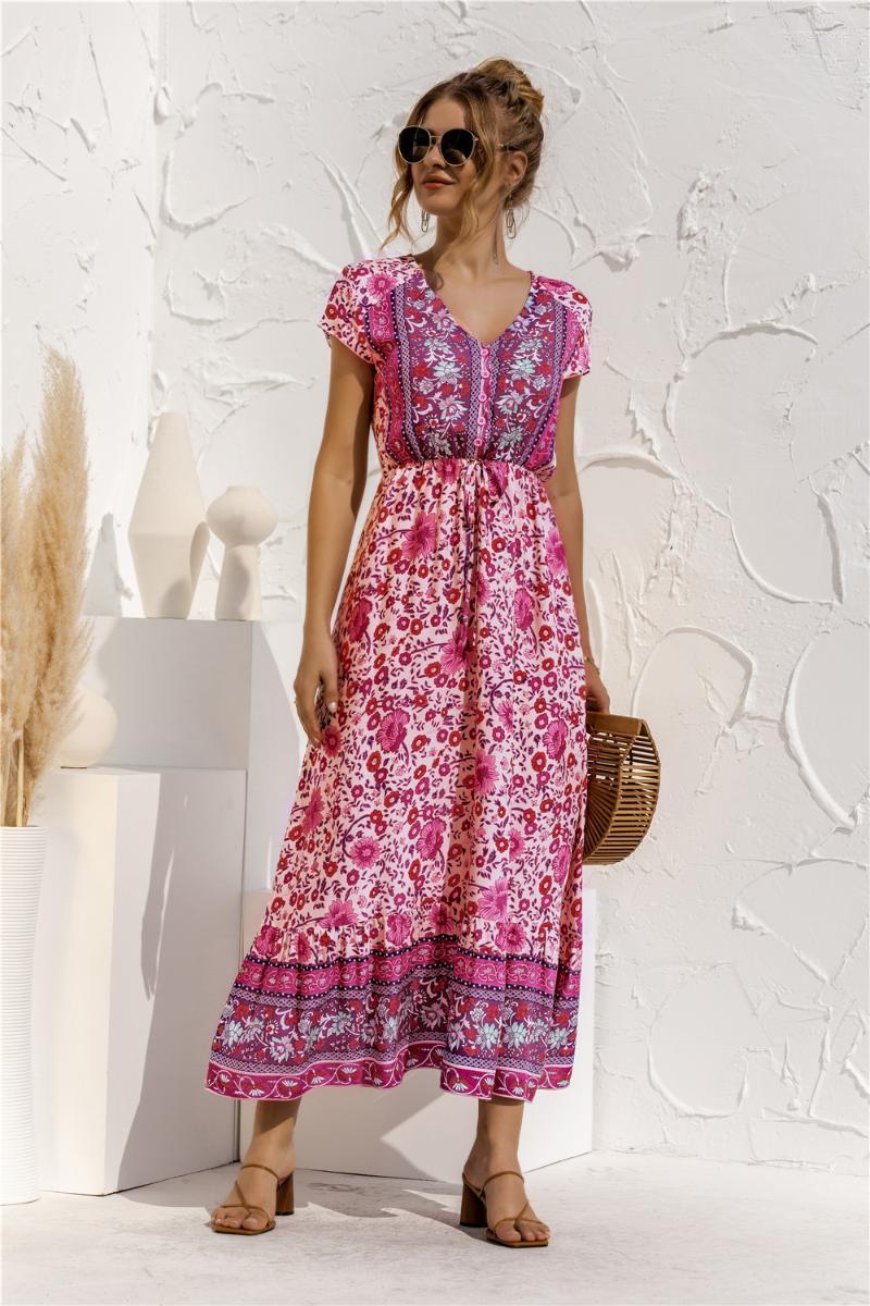 

Party Dresses Summer Bohemian V-neck Vintage Floral Print Long Dress Women Elegant Casual Loose High Waist Robe Holiday Maxi Vestidos XXLPar, 2438 black