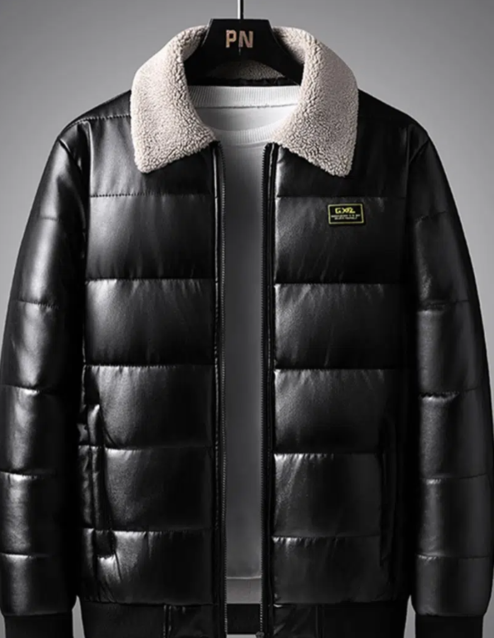 

Men's Thickened PU Leather Jacket For Winter / Slight Stretch, Black