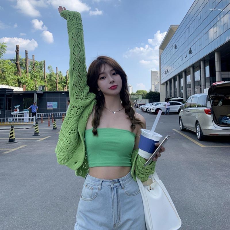 

Women's Knits Women's & Tees Green Knitted Two-piece Set Hollow Out Cardigan Casual Cropped Camisole Short Tops Long Sleeve Ribbed Coat