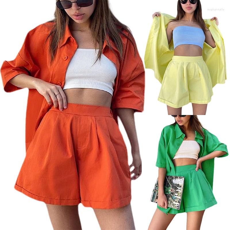 

Women' Tracksuits Woman Girls Solid Color Shorts Set Half Sleeve Long Shirt Tops Short Pant Bottom 2PCS High Street Female Suit, Green