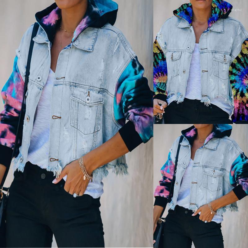 

Women' Jackets Women' 2022 Spring Autumn Jean Jacket For Women Color Blocking Tie Dyed Denim Coats Ladies Lapel Hole Tassel Long, Black