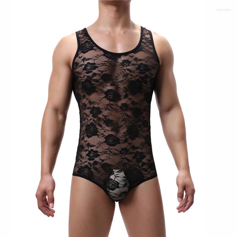 

Men's G Strings Sexy Vests Bodysuits Onesies Lace See Through Underwear One-Piece Leotard Wrestling Singlet Jumpsuit Male Gay Rompers, Black