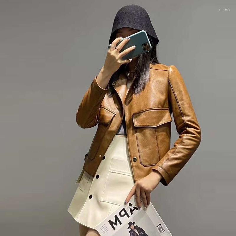 

Women's Leather Biker Womens Genuine Short Jacket Spring Autumn Slim O-Neck Sheepskin Coat Casual Office Lady Outerwear Big Pockets, Picture shown