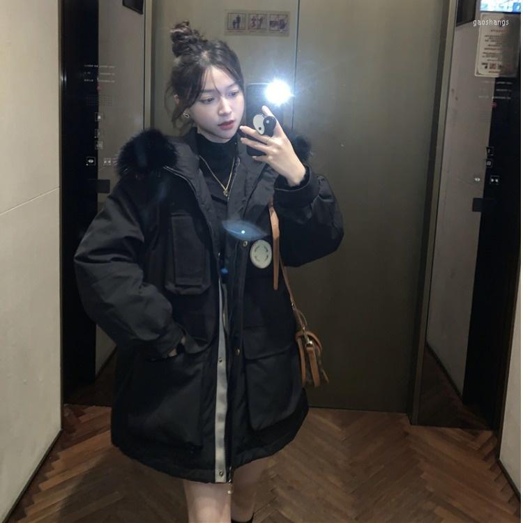 

Women' Trench Coats Large Wool Collar Thickened Work Clothes Cotton Winter Fashion Design Sense Medium And Long Warm Coat, Black
