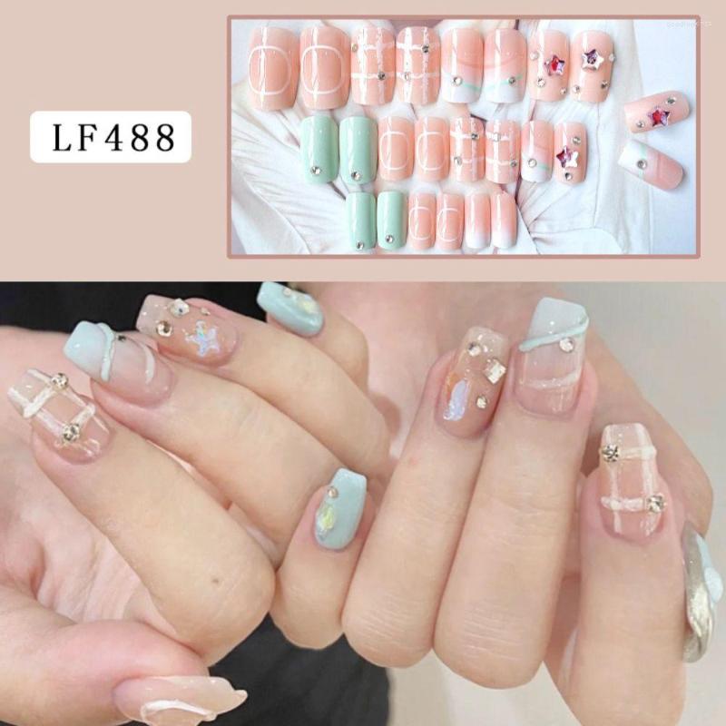 

False Nails 24pcs Press On Sweetheart Peppermint French Fake Square Short, As show