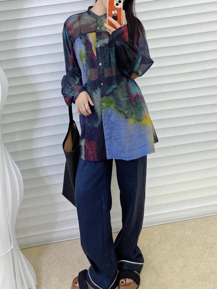 

Women' Blouses 2022 Early Autumn Lapel Single-breasted Color Matching Tie-dye Stitching Women Casual Long-sleeved Thin Shirt Top