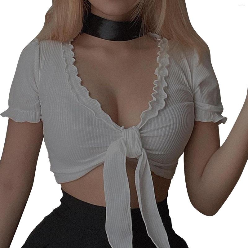 

Women' Tanks Women' Short Sleeve Crop Tops Sexy Deep V Neck Tie Knot Front Solid Color T-Shirts, White