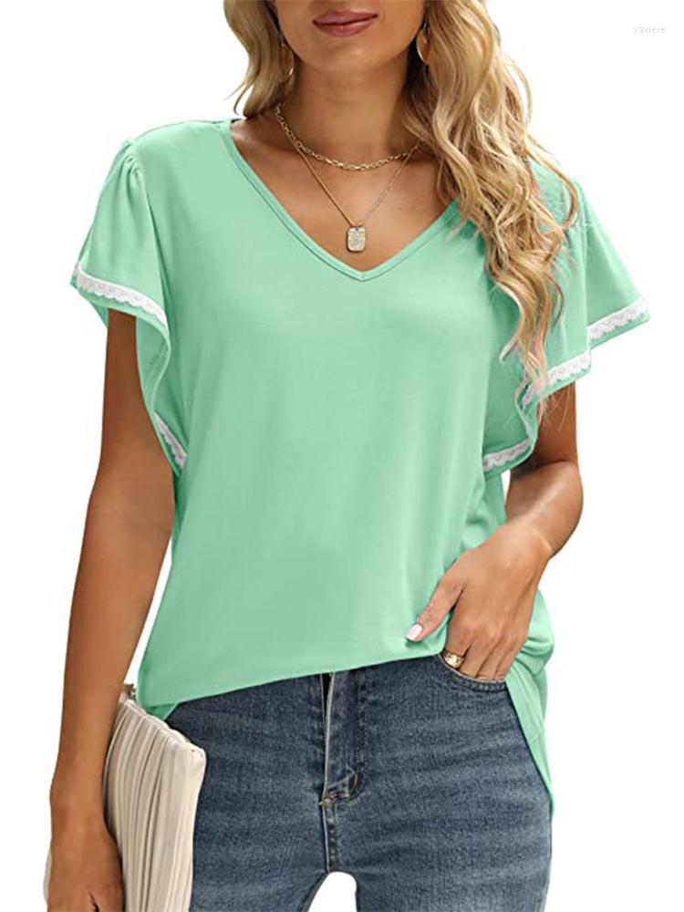 

Women' T Shirts Woman Tshirts Women Summer Loose T-shirt Solid Color V-neck Top Lotus Leaf Sleeves, Green