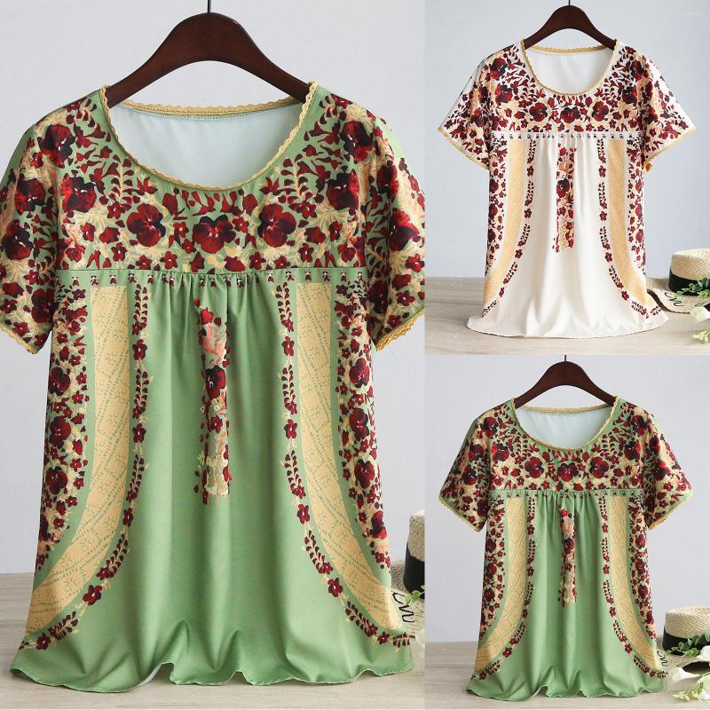 

Women' Blouses Black Shirt Pack Ladies Ethnic Style Summer Round Neck Casual Lace Trim Floral Print T Short Sleeve Vacation Tees Women, Green
