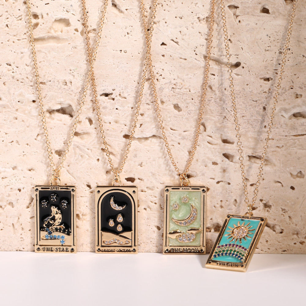 

Enamel Vintage Star Sun Moon Gold Rectangular Pendant Tarot Card Necklace Mystic Jewelry Gift For Women