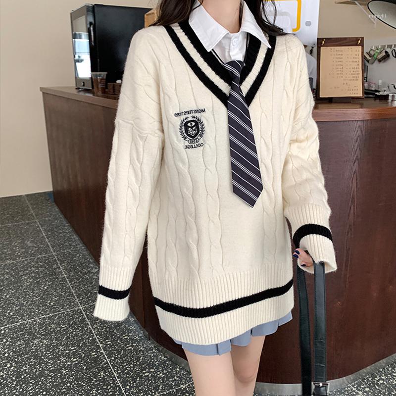 

Women' Sweaters Korea Ulzzang Female Fashion Vintage Casual Chic Japanese College JK Sweater Loose V-neck Knitted Harajuku Kawaii, White