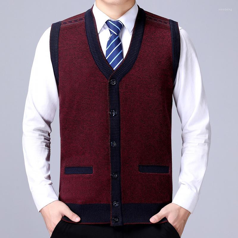

Men's Vests Wool Vest For Men Middle-aged Button Down Solid Color Four Season Coats Casual Business Street V-neck Male Knitted Sweater, Red-3