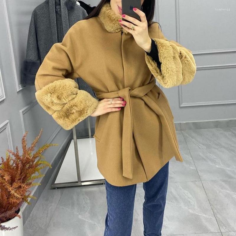 

Women's Wool Women's & Blends XMAX Fashion Stand Collar Coats Women Elegant Faux Fur Patchwork Jackets Tie Belt Covered Button Ladies, Yellow