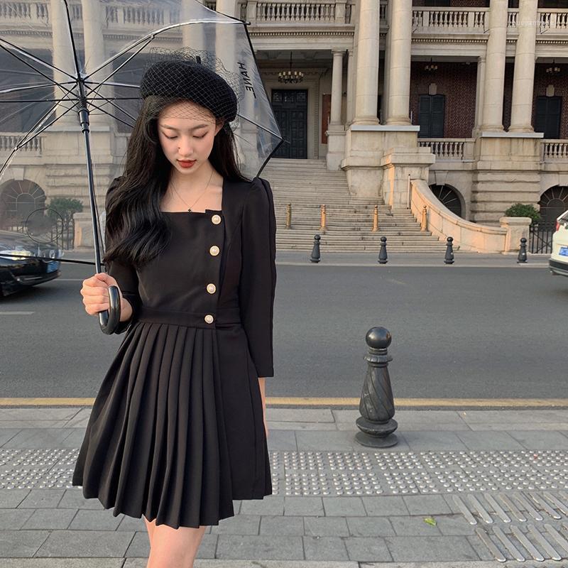 

Casual Dresses Real  2022 Spring Autumn Price Control Button Black Waist Closing Suit Square Collar Pleated Dress