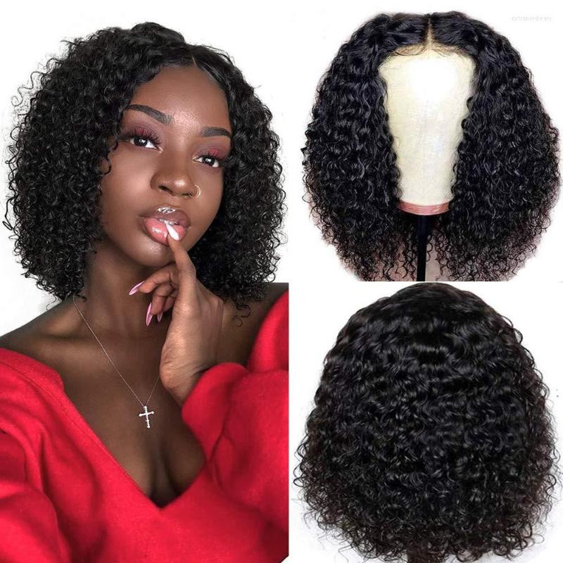 

Black Bob Curly T Part Human Hair Wig Short Water Wave 13x4x1 Lace Front Glueless Pre Plucked With Baby For Women, Picture shown