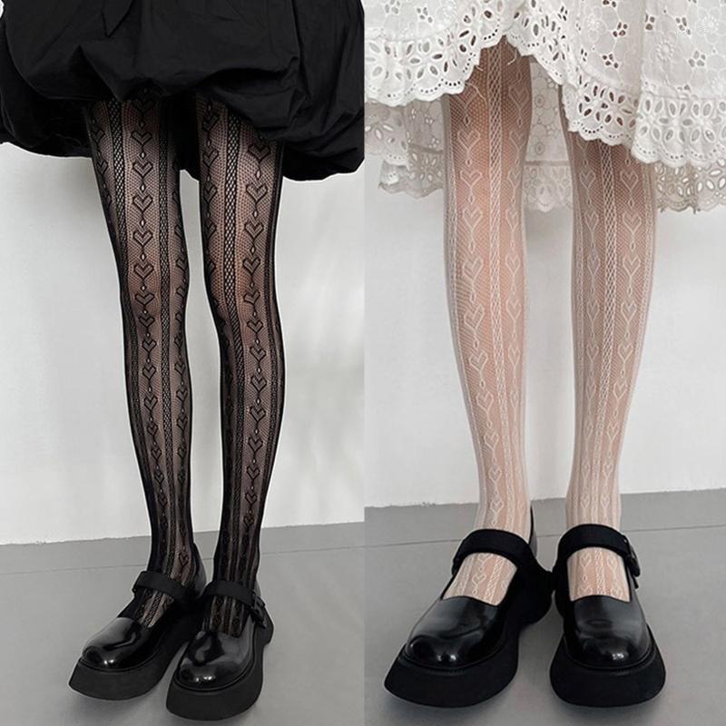 

Women Socks Lolita Fishnet Pantyhose Sweet Heart Striped Patterned Mesh Tights, White