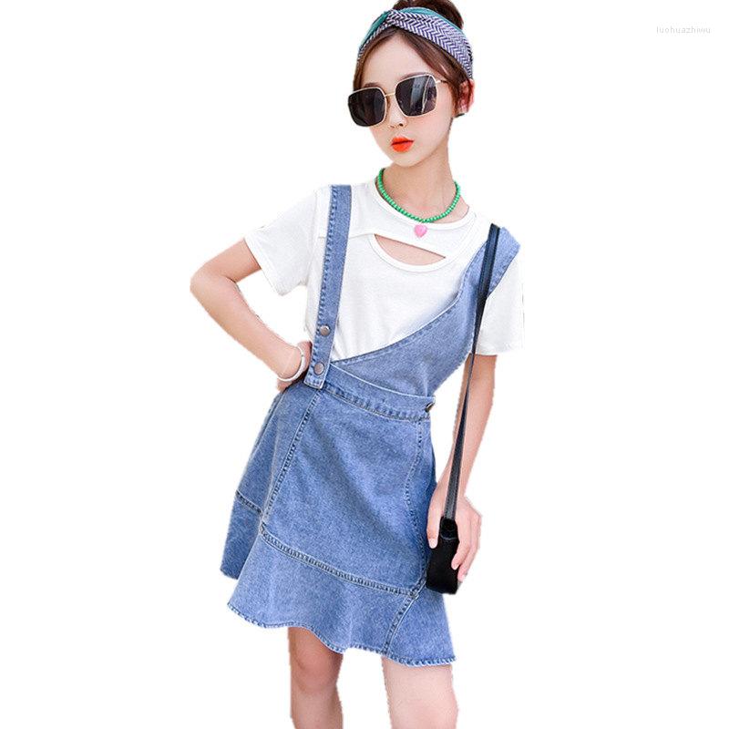 

Clothing Sets 2022 Fashion Girls Overall Summer Short Sleeve T-Shirt Suspender Skirt 2 Pcs Children Clothes Suit 5-14Years, Black