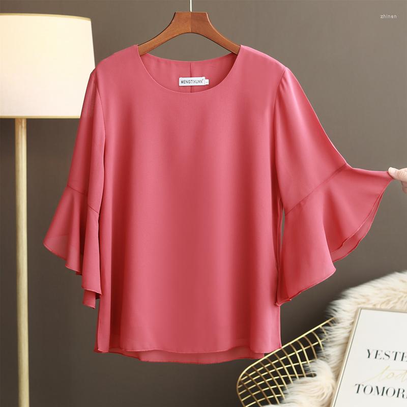 

Women's Blouses Age-reducing Mother's Top Summer Dress 2022 Foreign Style Trumpet Sleeves Large Size Thin Middle-sleeved Chiffon Shirt, V-neck root starch